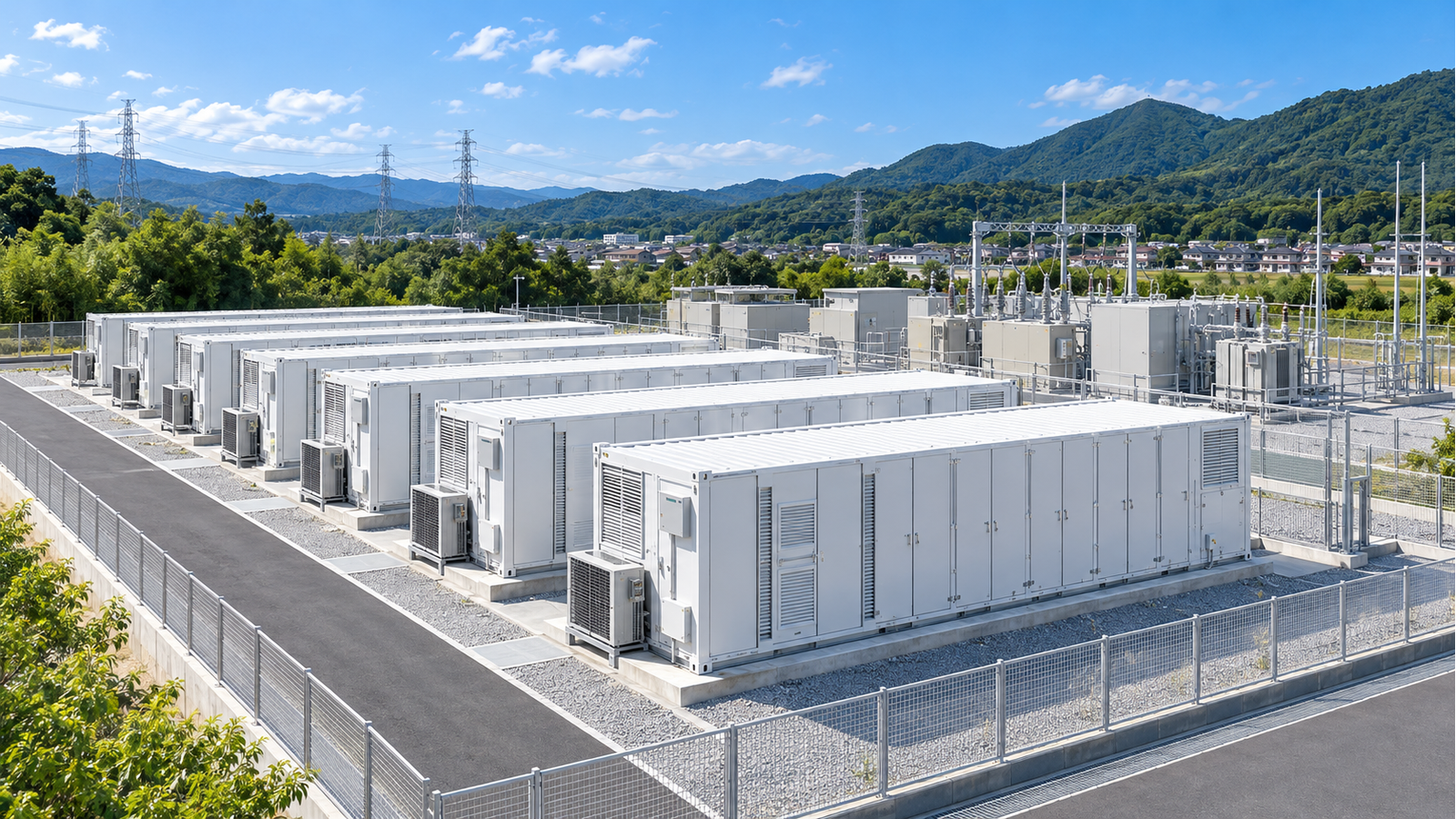 日本の郊外に並ぶ白いコンテナ型蓄電設備と受変電設備のAI生成イメージ