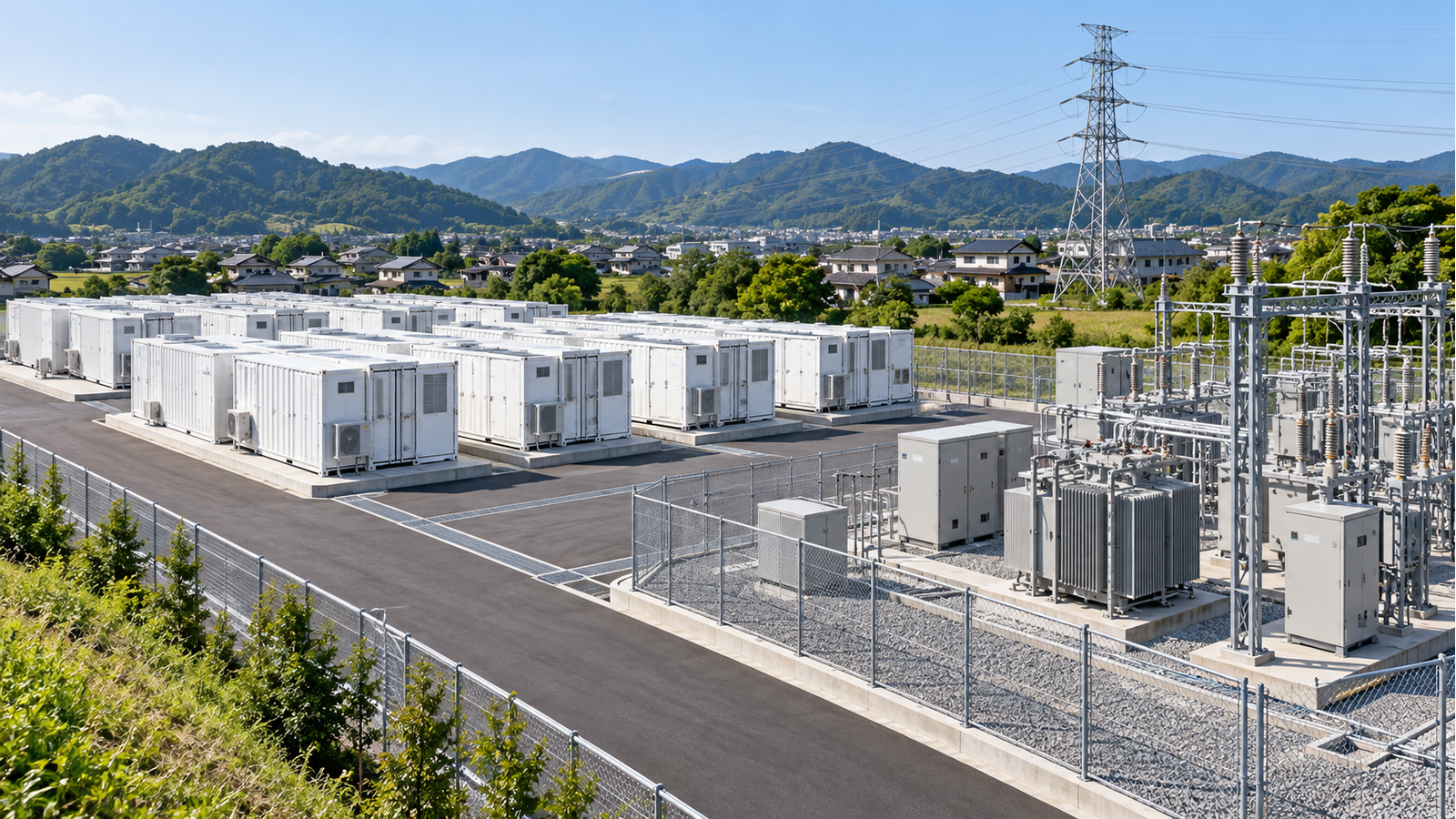 系統接続側の受変電設備と白いコンテナ型蓄電設備を描いた日本の郊外のAI生成イメージ