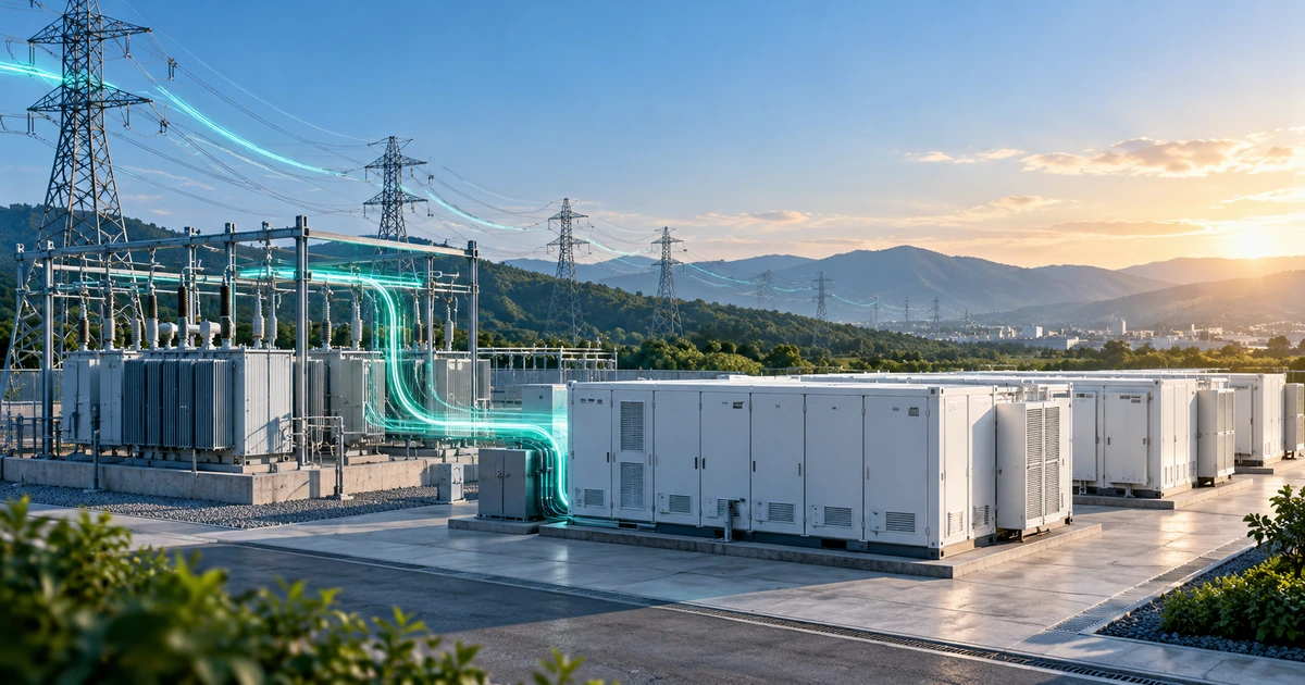送配電設備のそばに設置された系統用蓄電池コンテナ