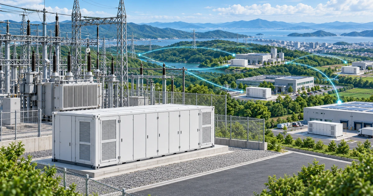 日本の沿岸地域で、蓄電池設備と変電設備を集約する案と、複数の事業所に分散する案を対比したイメージ。